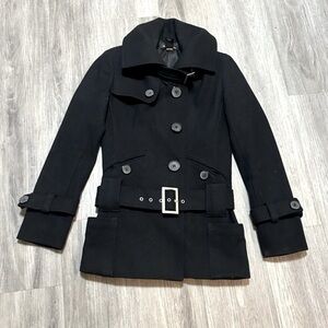 MODA International wool black belted button up pea coat jacket coat. EEUC